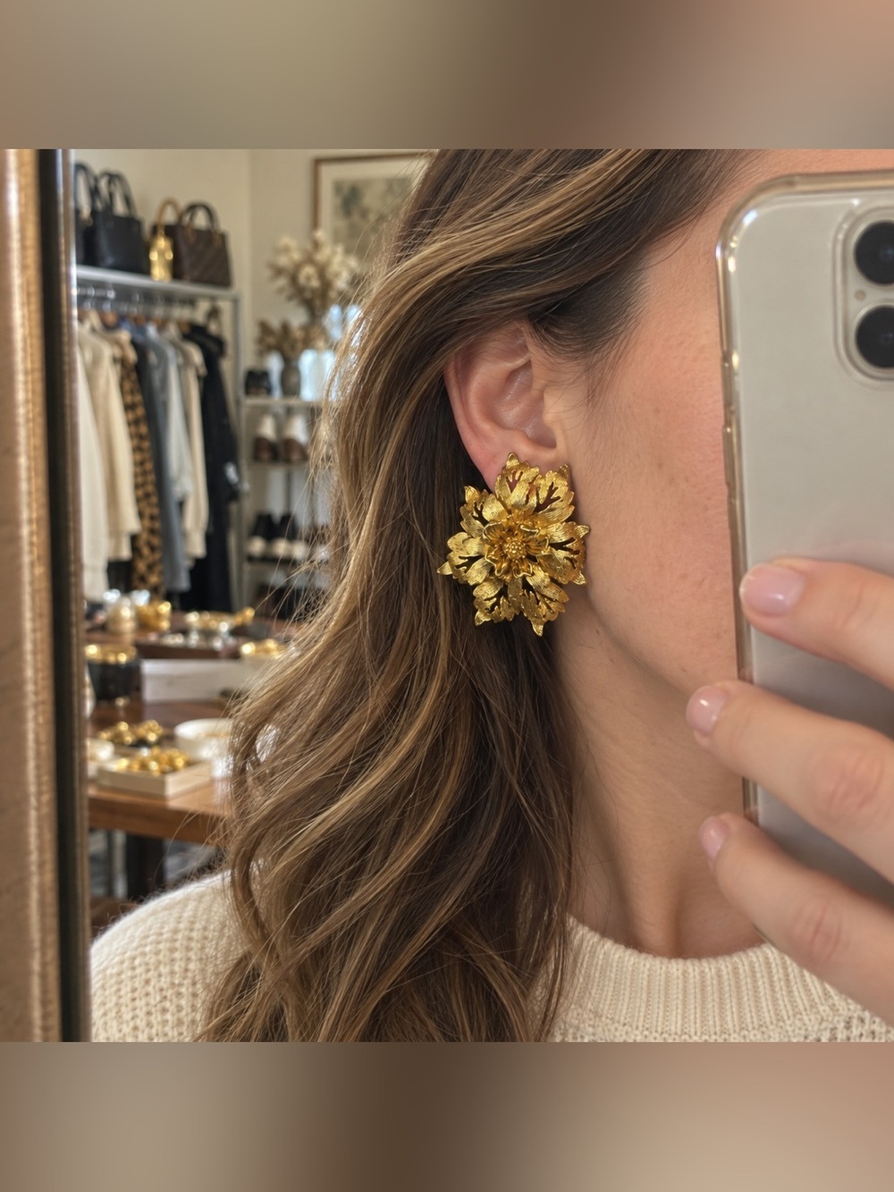 Vintage Gold Floral L & R Clip-On Statement Earrings